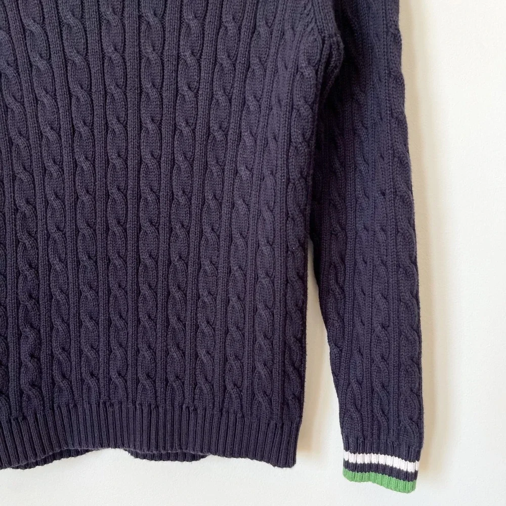 Lands' End Varsity Cable Knit V-Neck Sweater Women Medium Navy Green Tennis Prep